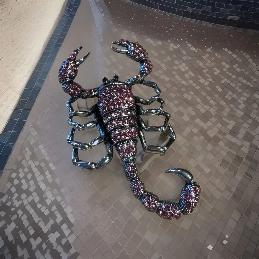 Large Rhinestone Scorpion Brooch Pink Purple Crystal Pave Gunmetal Statement Pin
